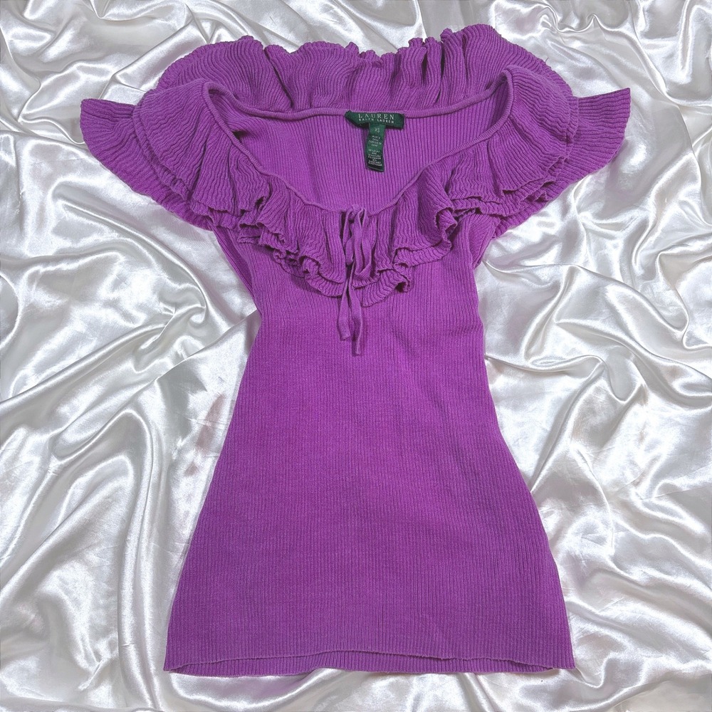 y2k Ruffle Top Purple Excellent Lauren Ralph Lauren Silk Blend Ribbed Knit XS
